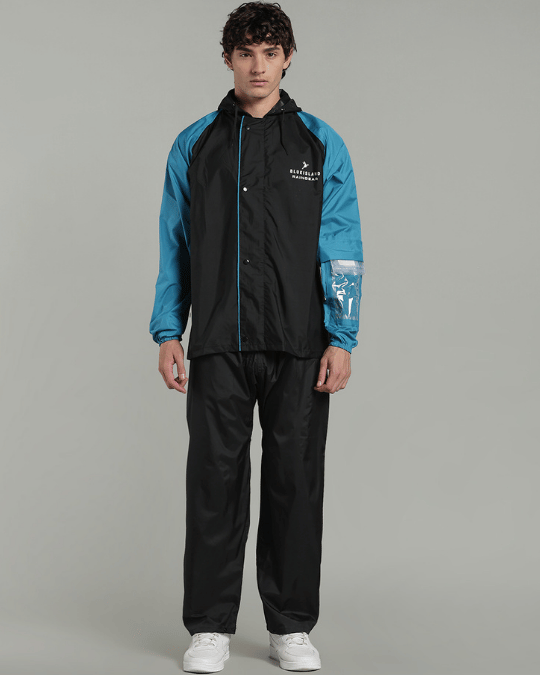 Black with Blue Sleeve - Rain Jacket with Pant & Mobile Pouch