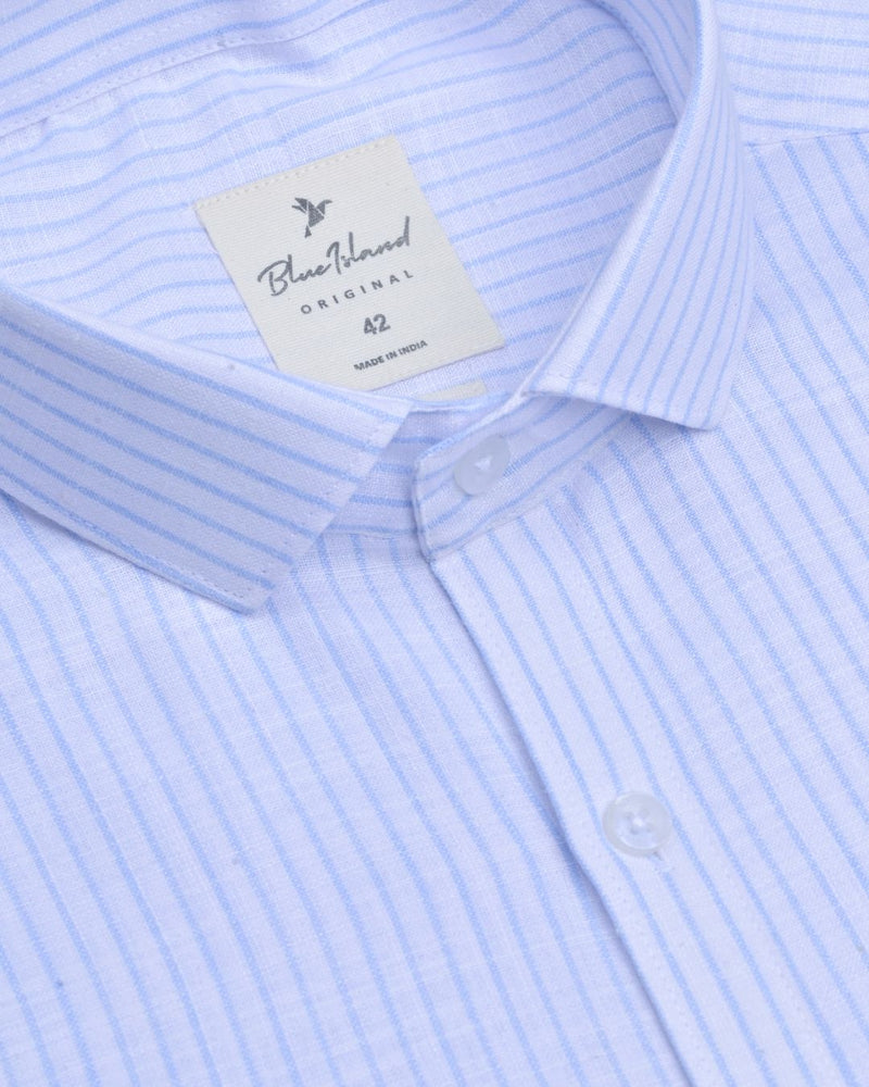 White & Blue Mini Stripes -Full-Bamboo Linen