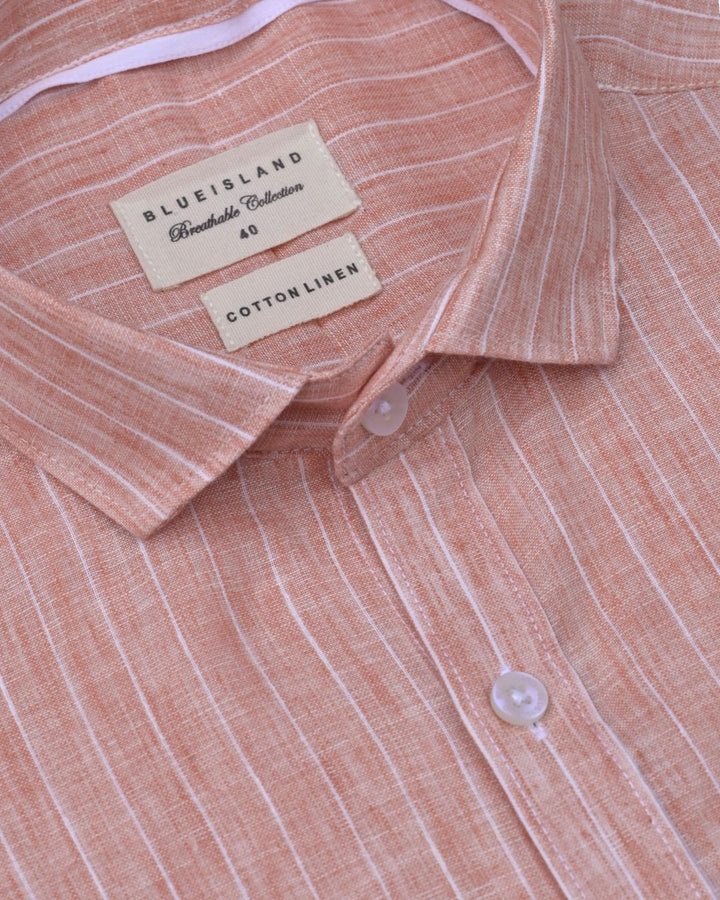 Tango Orange & White Stripes -Full-Cotton Linen Shirt