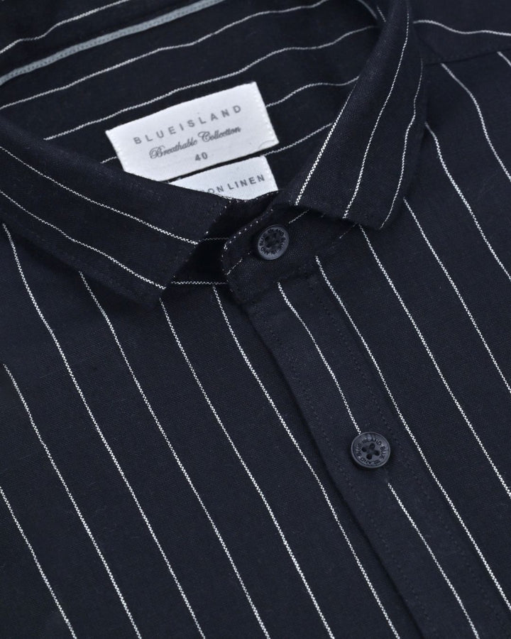 Black Solo Stripes-Full-Cotton Linen Shirt