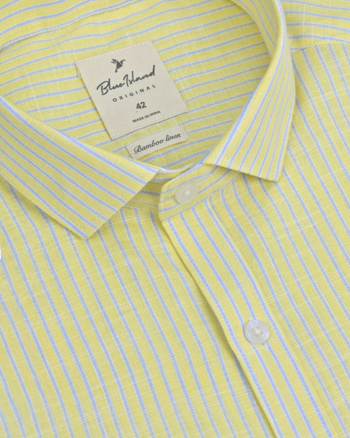 Soft Yellow & Blue Mini Stripes -Full-Bamboo Linen