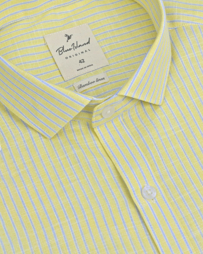 Soft Yellow & Blue Mini Stripes -Full-Bamboo Linen
