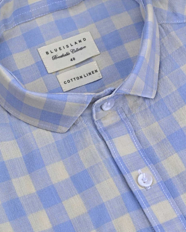 Sky Blue Mini Checks -Full-Cotton Linen Shirt