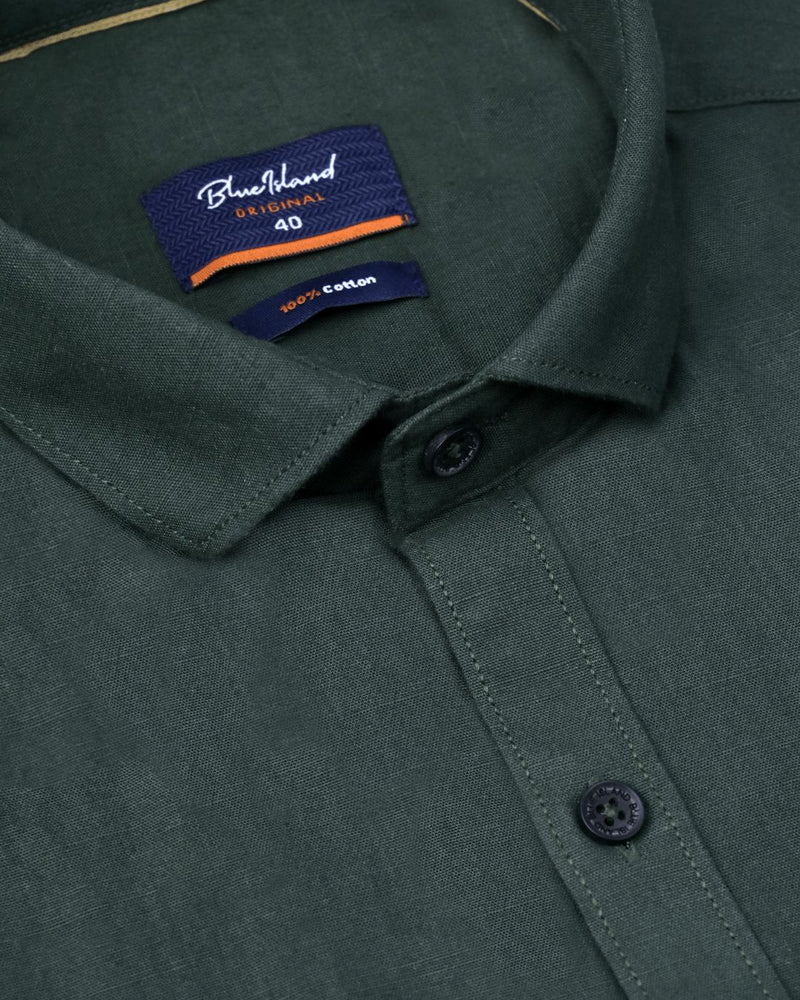Bottle Green Solid-Full-Cotton Linen Shirt
