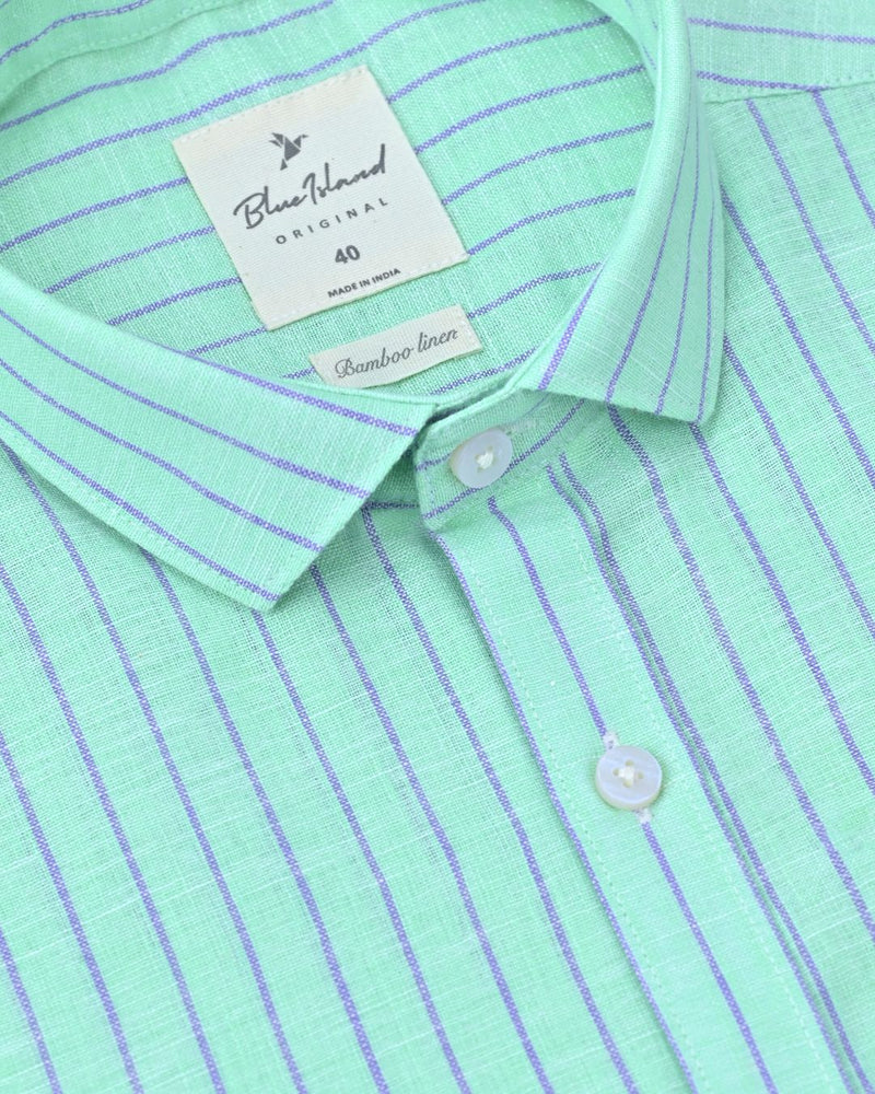 Green & Denim Line Stripes -Full-Bamboo Linen