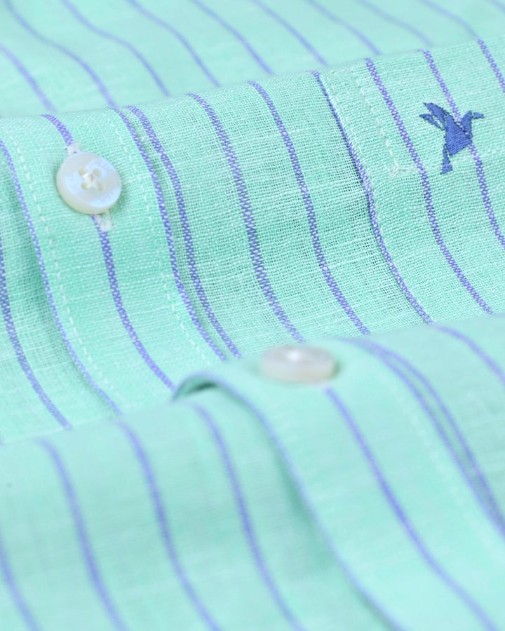Green & Denim Line Stripes -Full-Bamboo Linen