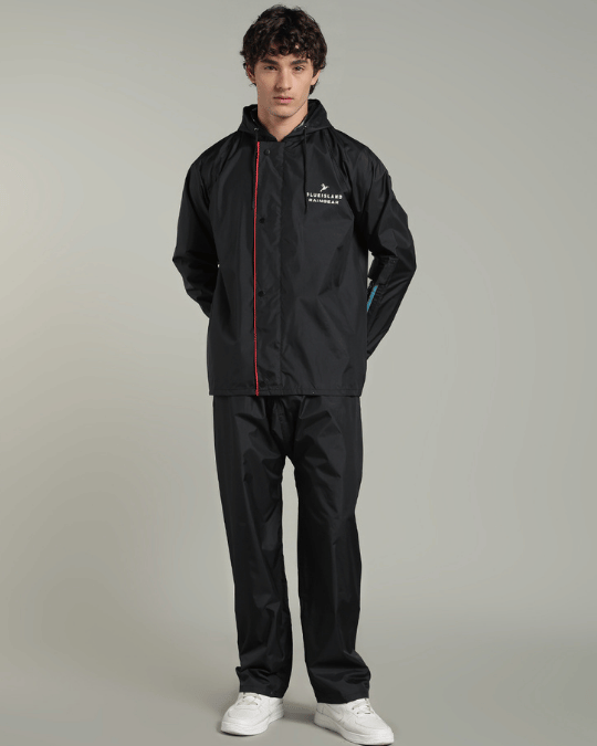 Matte Black with Red Border - Rain Jacket with Pant & Mobile Pouch