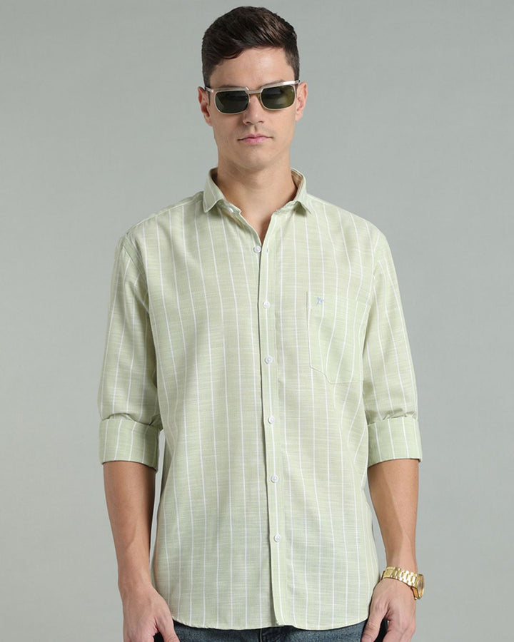 Pistah Green & White Line Stripes -Full-Cotton Linen Shirt