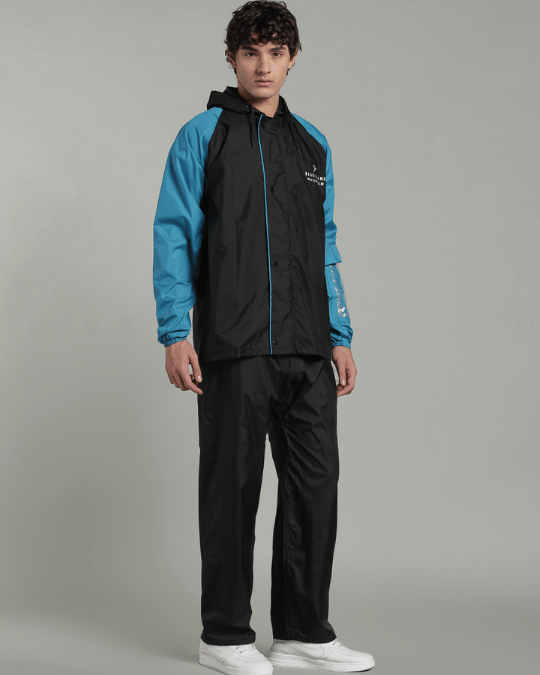 Black with Blue Sleeve - Rain Jacket with Pant & Mobile Pouch