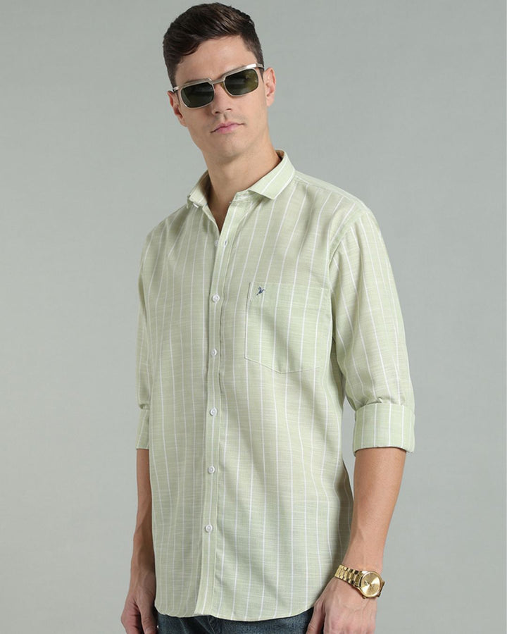 Pistah Green & White Line Stripes -Full-Cotton Linen Shirt