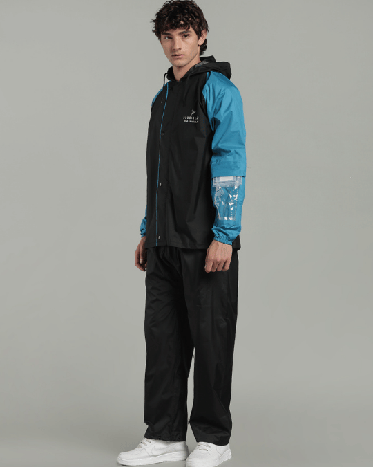 Black with Blue Sleeve - Rain Jacket with Pant & Mobile Pouch