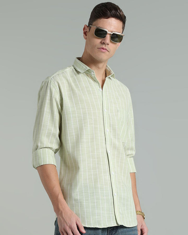 Pistah Green & White Line Stripes -Full-Cotton Linen Shirt