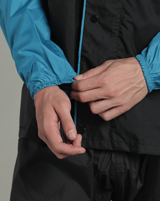 Black with Blue Sleeve - Rain Jacket with Pant & Mobile Pouch