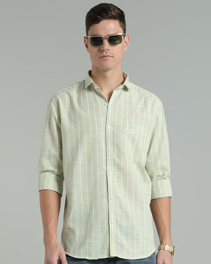 Pistah Green & White Line Stripes -Full-Cotton Linen Shirt