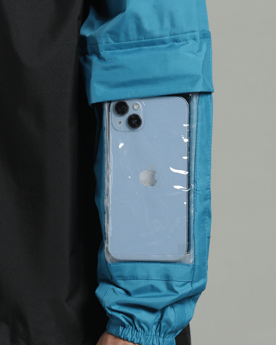 Black with Blue Sleeve - Rain Jacket with Pant & Mobile Pouch