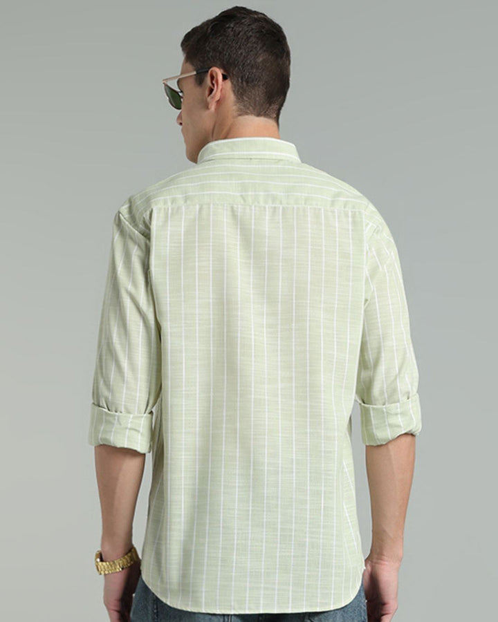 Pistah Green & White Line Stripes -Full-Cotton Linen Shirt
