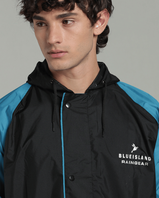 Black with Blue Sleeve - Rain Jacket with Pant & Mobile Pouch