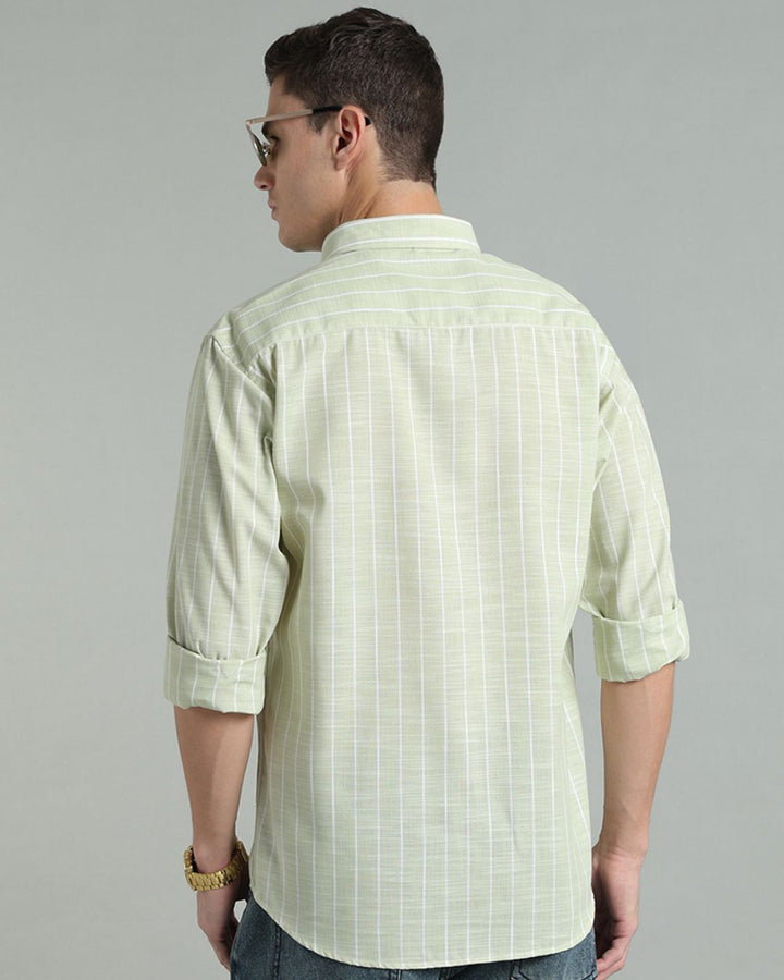 Pistah Green & White Line Stripes -Full-Cotton Linen Shirt
