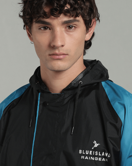 Black with Blue Sleeve - Rain Jacket with Pant & Mobile Pouch
