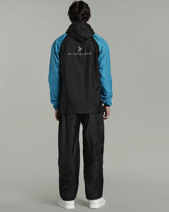 Black with Blue Sleeve - Rain Jacket with Pant & Mobile Pouch