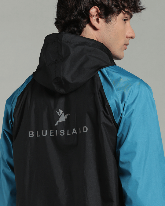 Black with Blue Sleeve - Rain Jacket with Pant & Mobile Pouch
