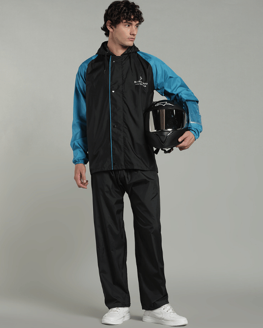 Black with Blue Sleeve - Rain Jacket with Pant & Mobile Pouch