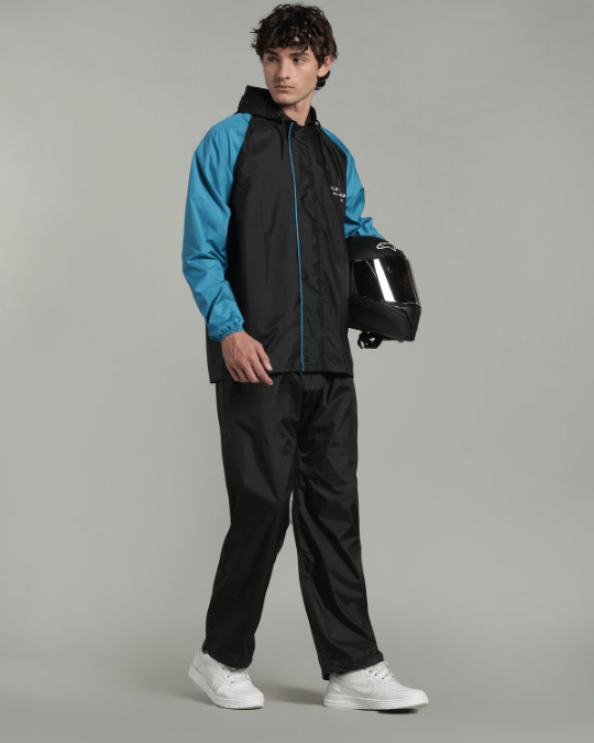 Black with Blue Sleeve - Rain Jacket with Pant & Mobile Pouch