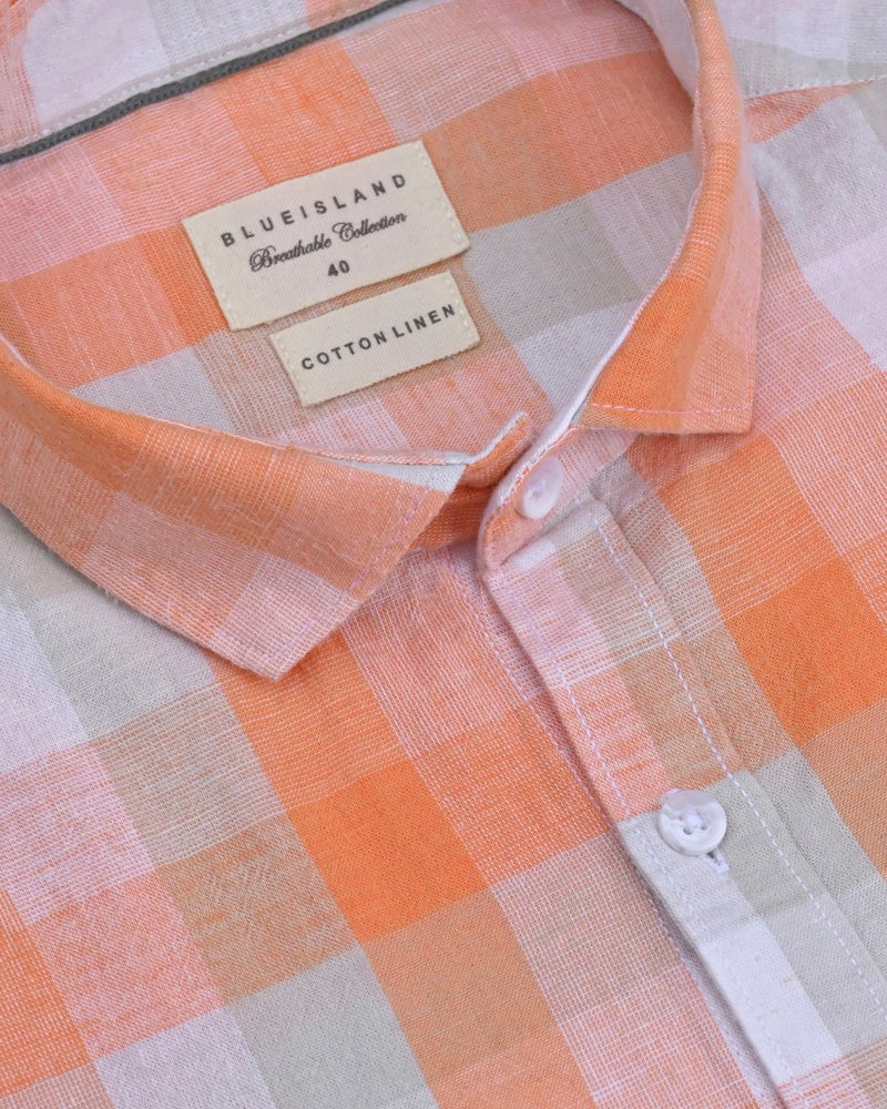 Bright Orange Box Checks -Full-Cotton Linen Shirt