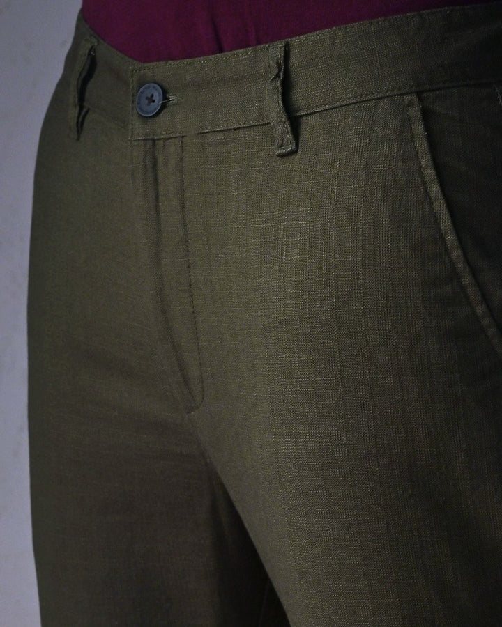 Dark Green Grain Printed - 2 way stretch - COTTON LINEN PANT