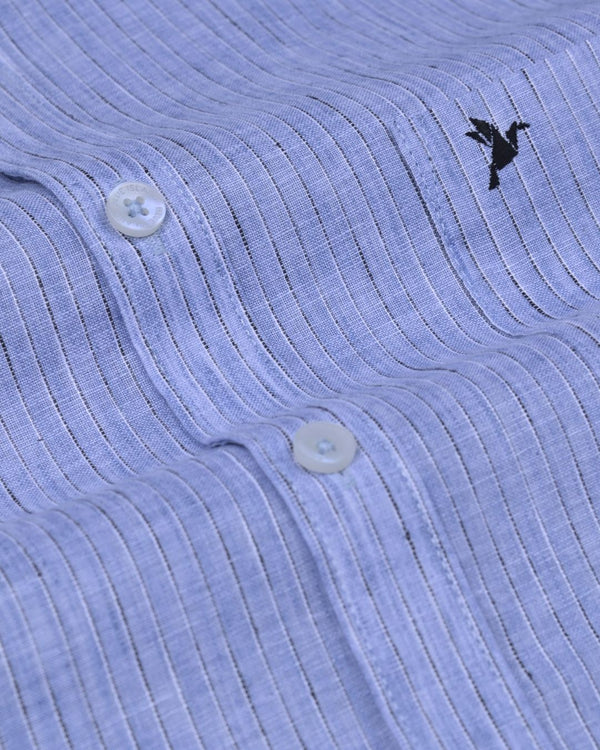 Blue & Black Dotted Line Stripes -Full-Bamboo Linen