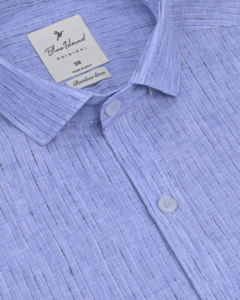 Blue & Black Dotted Line Stripes -Full-Bamboo Linen
