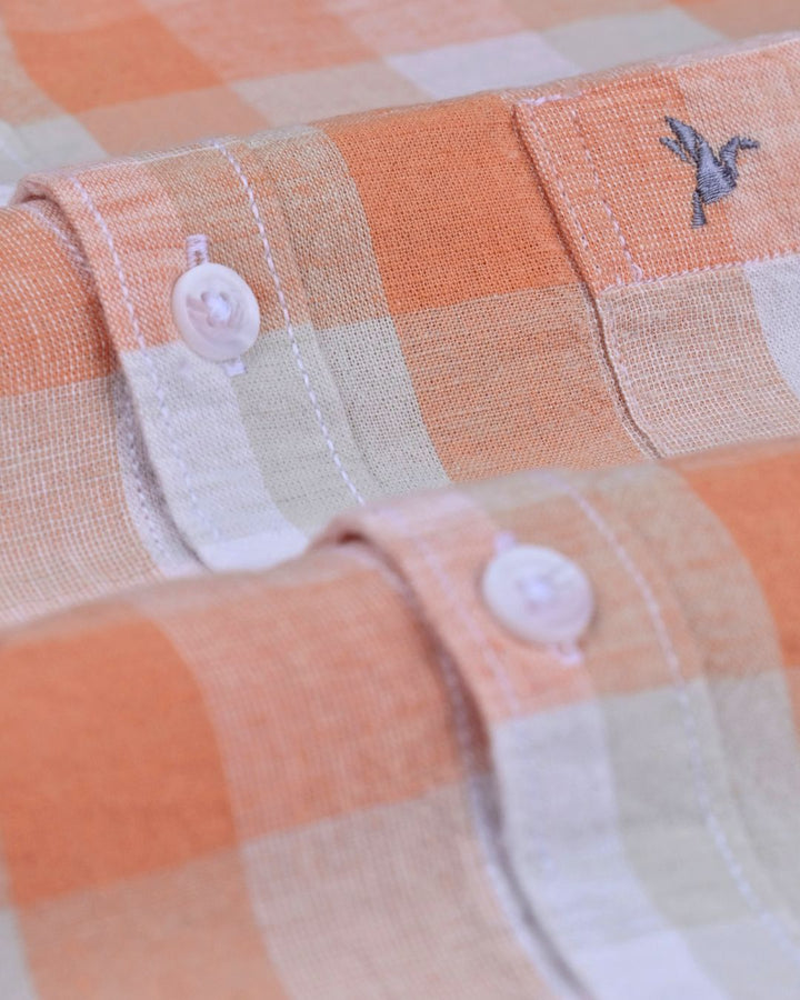 Bright Orange Box Checks -Full-Cotton Linen Shirt