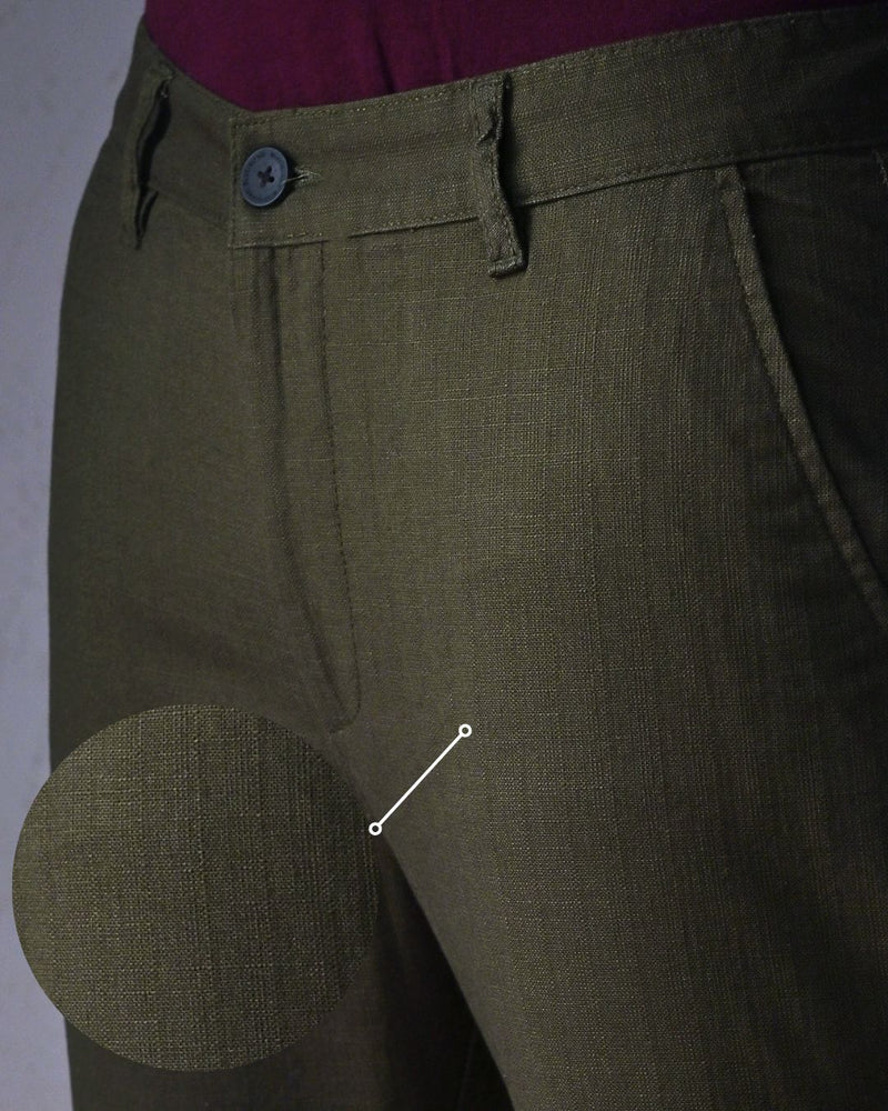 Dark Green Grain Printed - 2 way stretch - COTTON LINEN PANT