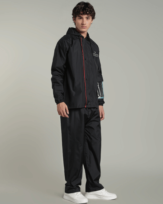 Matte Black with Red Border - Rain Jacket with Pant & Mobile Pouch