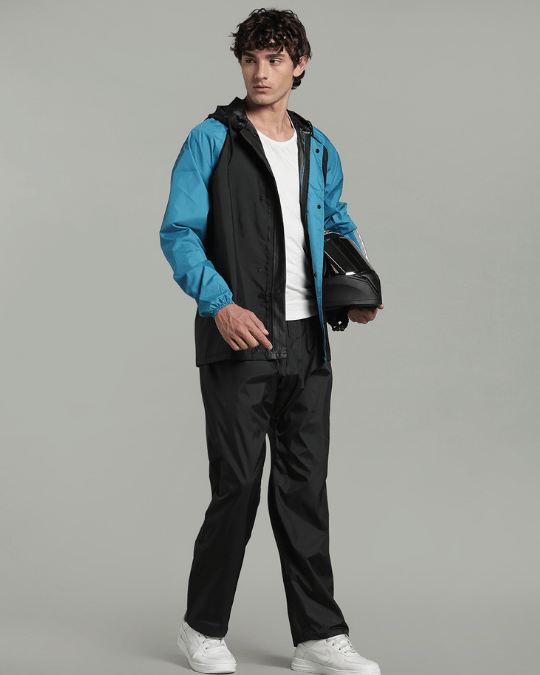 Black with Blue Sleeve - Rain Jacket with Pant & Mobile Pouch