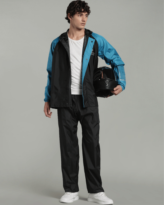 Black with Blue Sleeve - Rain Jacket with Pant & Mobile Pouch