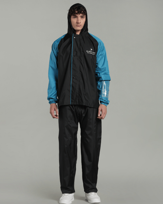 Black with Blue Sleeve - Rain Jacket with Pant & Mobile Pouch