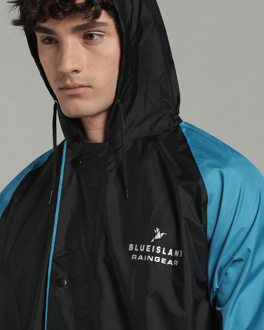 Black with Blue Sleeve - Rain Jacket with Pant & Mobile Pouch