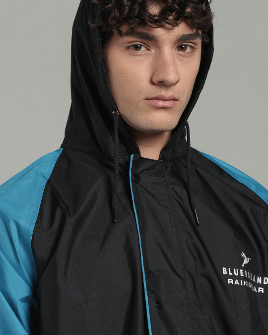 Black with Blue Sleeve - Rain Jacket with Pant & Mobile Pouch