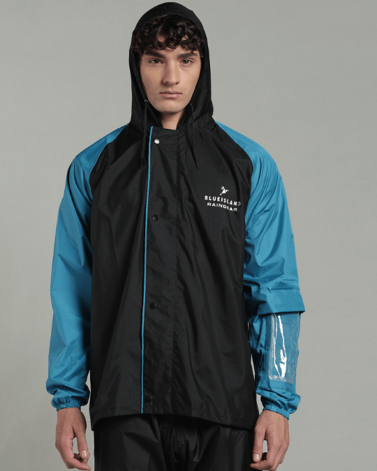 Black with Blue Sleeve - Rain Jacket with Pant & Mobile Pouch