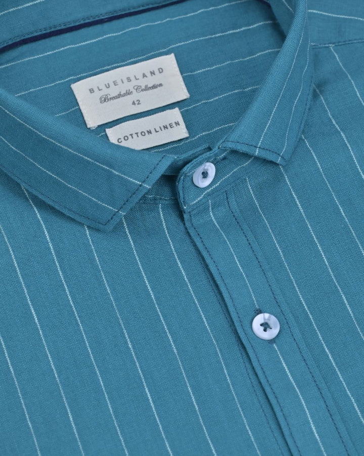 Slate Blue Solo Stripes-Full-Cotton Linen Shirt