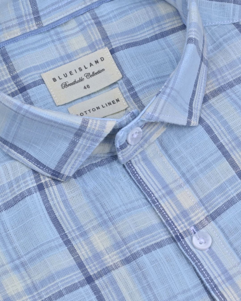 Blue Multi Line Checks -Full-Cotton Linen Shirt