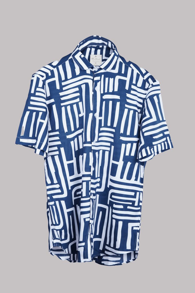 Blue & White Maze Print - Half Sleeve - Airlite Shirt