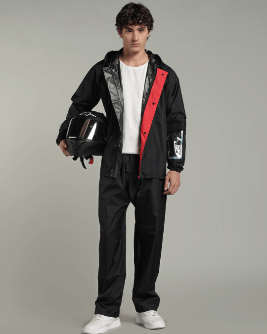 Matte Black with Red Border - Rain Jacket with Pant & Mobile Pouch