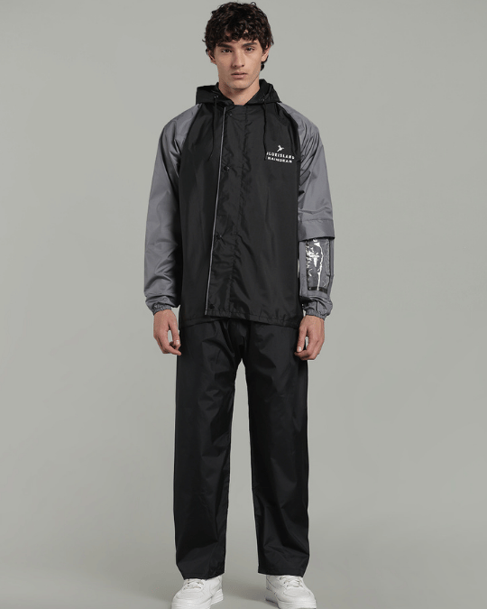 Black with Grey Sleeve - Rain Jacket with Pant & Mobile Pouch