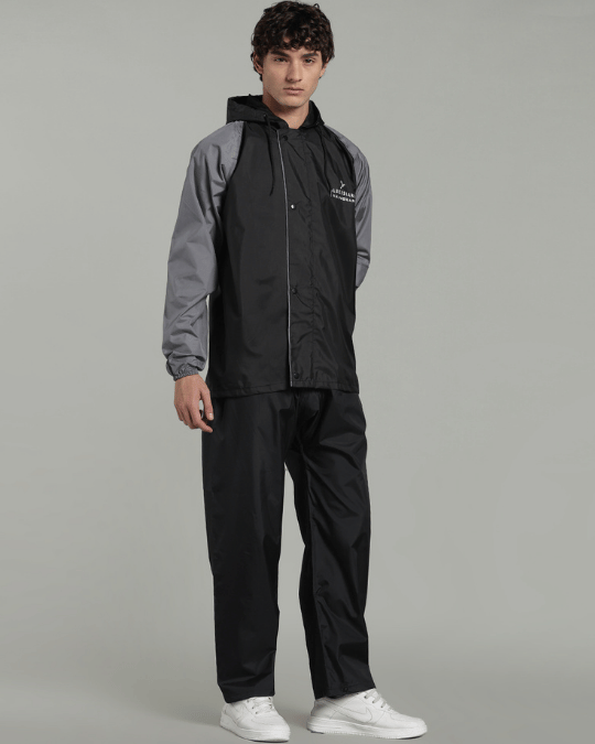 Black with Grey Sleeve - Rain Jacket with Pant & Mobile Pouch