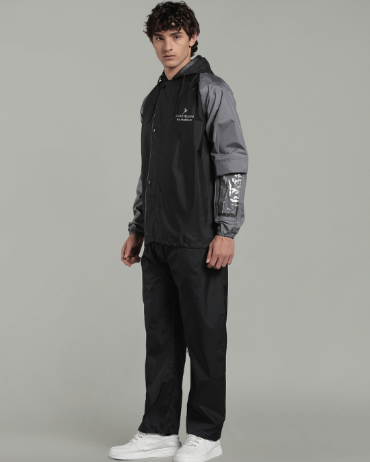 Black with Grey Sleeve - Rain Jacket with Pant & Mobile Pouch