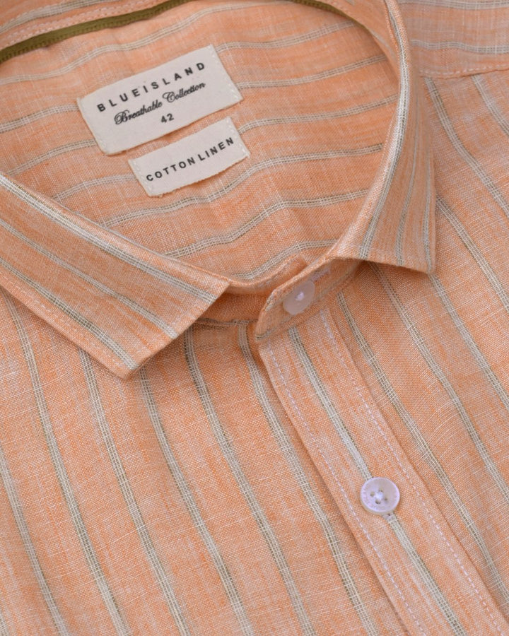 Orange Multi Dotted Line Stripes -Full-Cotton Linen Shirt