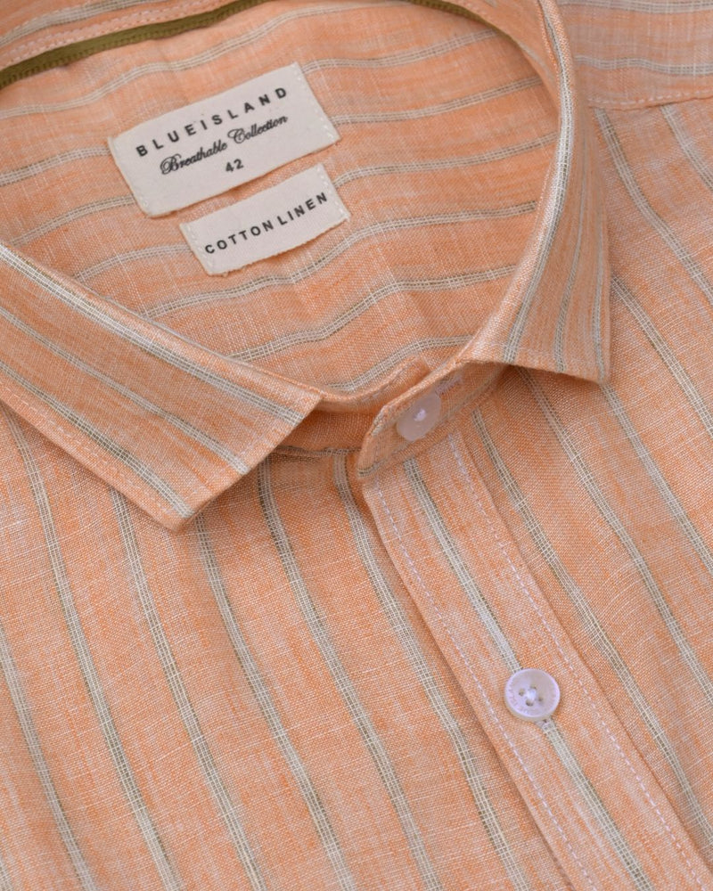 Orange Multi Dotted Line Stripes -Full-Cotton Linen Shirt