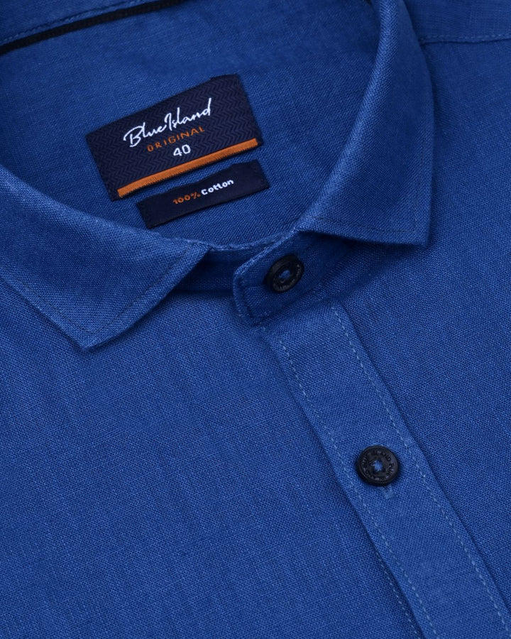 Sapphire Blue Solid-Full-Cotton Linen Shirt